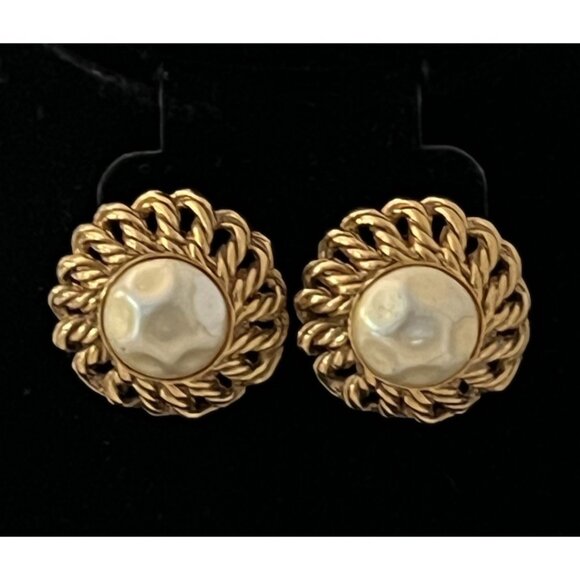 Vintage Chanel Earrings Gold Tone Round Faux Pearl Clip On 90s Authentic READ - Picture 3 of 16